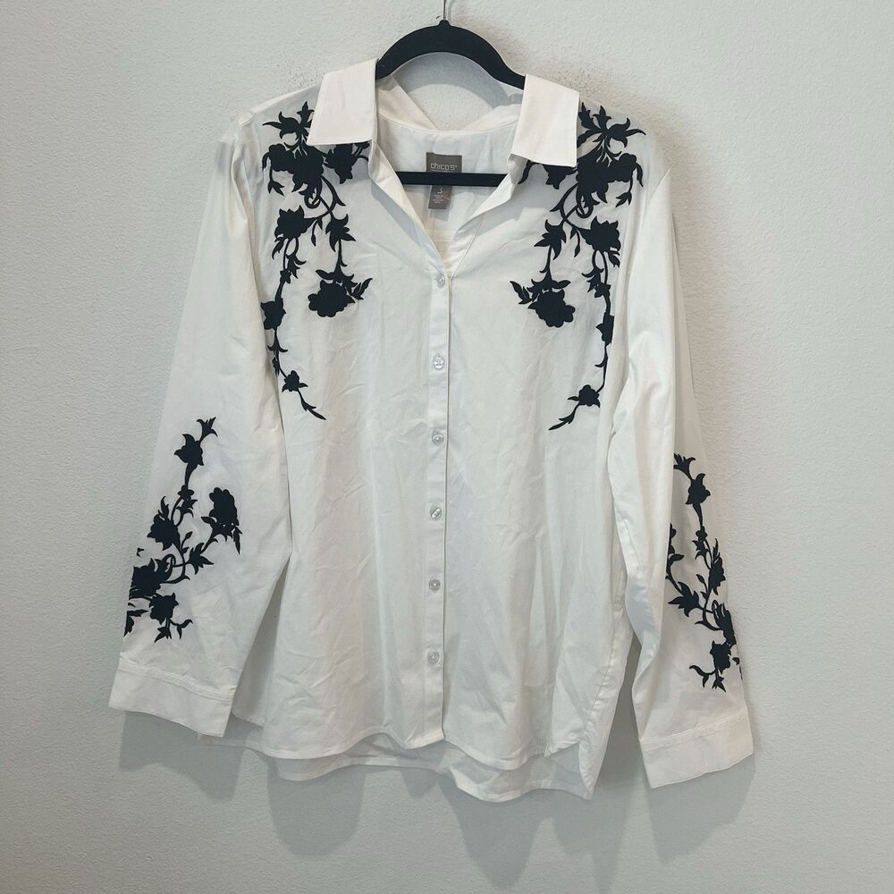 Chico’s Embroidered Poplin Button Front LS Fashion Alabaster Shirt 3 Size XL